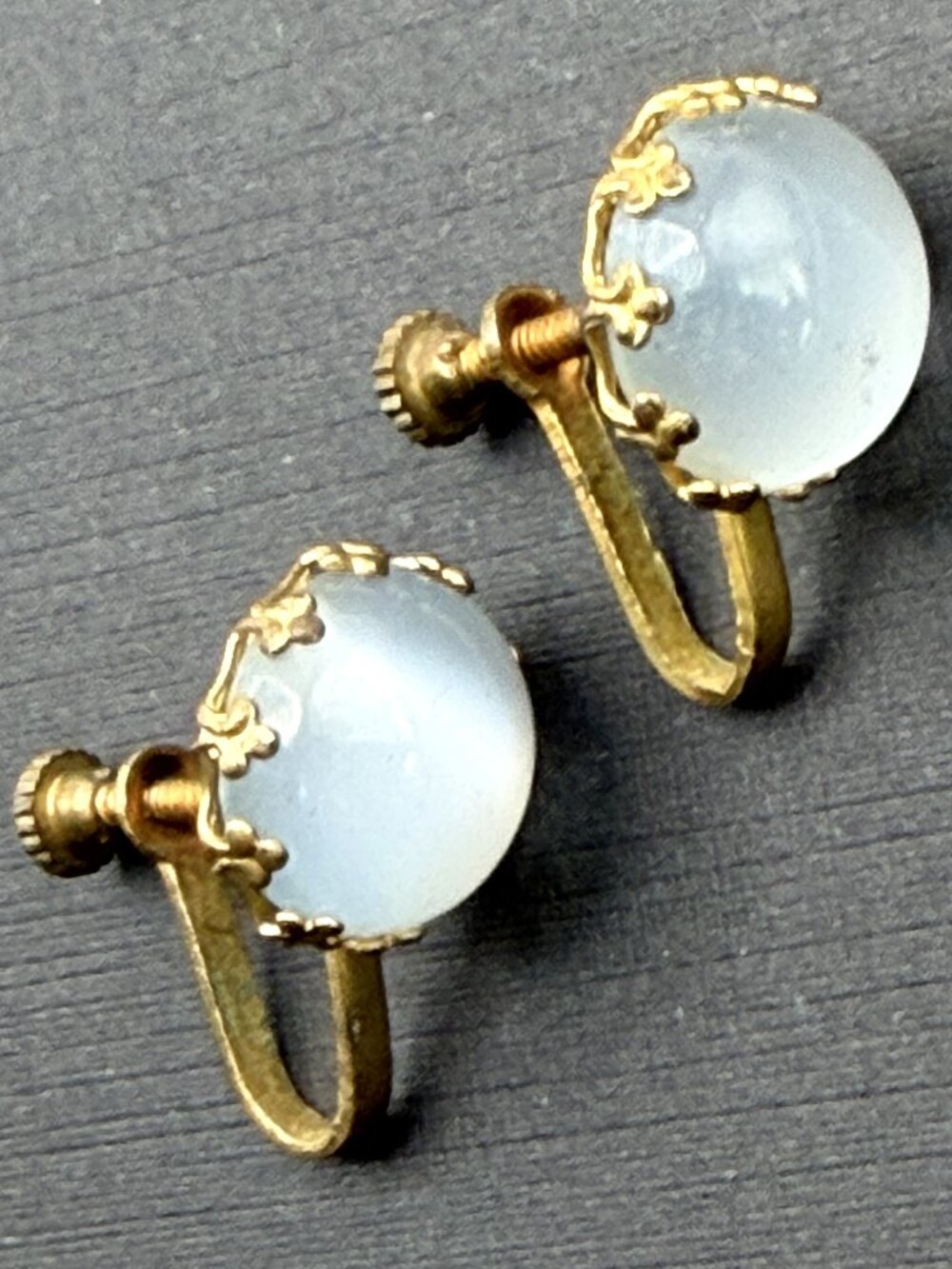 Vintage Blue Moonglow Glass Cabochon Screw Back Earrings Fleur de Lis Prongs